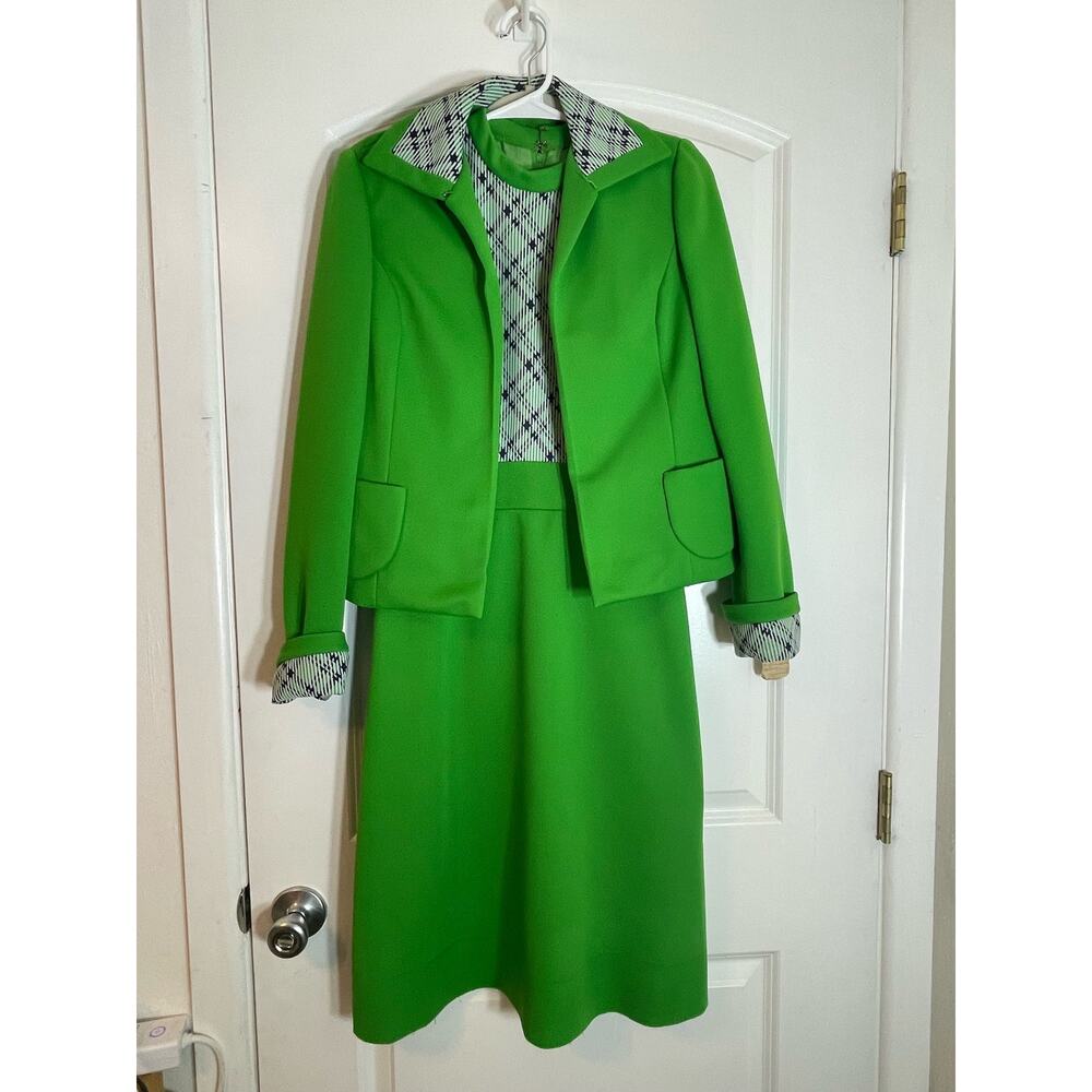Vintage Rona New York 2 Piece Dress Suit Small Kelly Green 60s Office Union Made